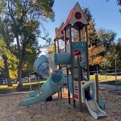 Red and blue playground at Memory Square Park
