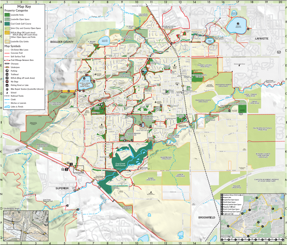 Map of trails and land zoning in Louisville, CO