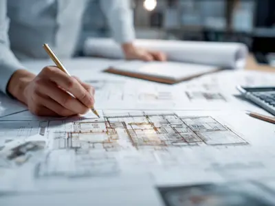 A hand holding a pencil over planning documents.