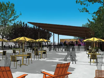 A rendering of outdoor tables, chairs, and umbrellas, on a paved patio.