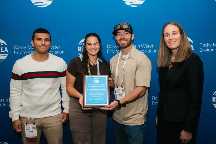 Awardees from Louisville's wastewater treatment team pose with officials at the 2026 Rocky Mountain Water Conference