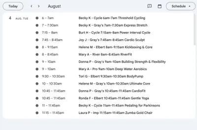 Online group fitness class schedule.