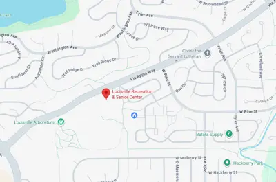 Map showing Louisville Recreation & Senior Center and nearby streets and parks.