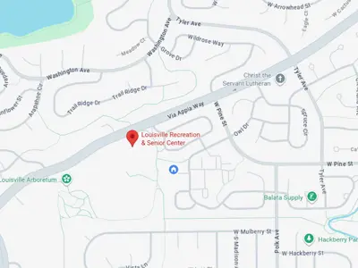 Map showing Louisville Recreation & Senior Center and nearby streets and parks.